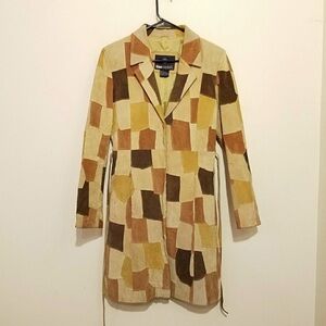 Vintage, Multicolor Patchwork Suede Coat, Earth tones, Size Small